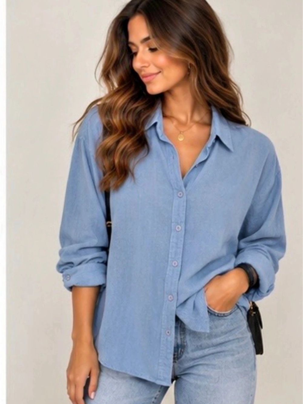 Stradivarius Blue Linen Blend Button Down Shirt L Oversized